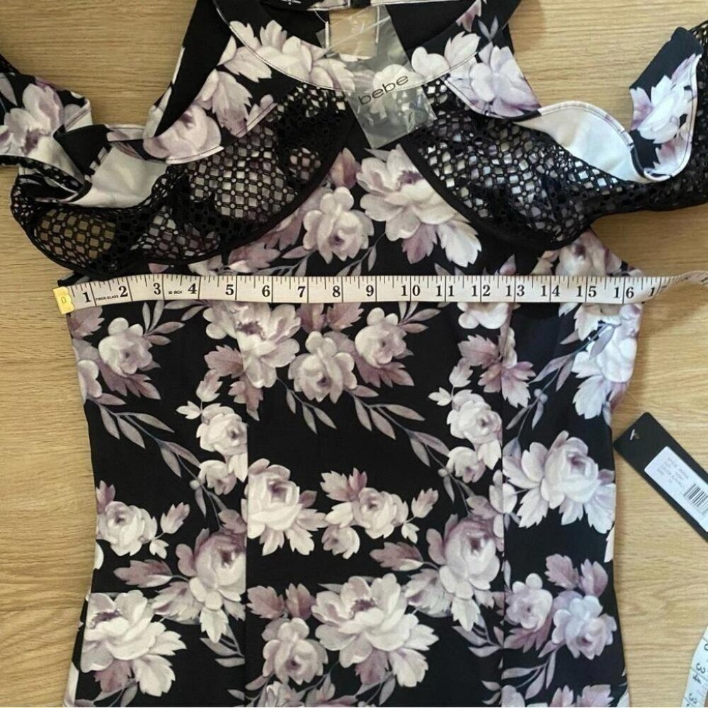 Lace Cold Shoulder Bebe Floral Mini Dress NWT Bodycon Sz 10 Black White Pink - Picture 12 of 16